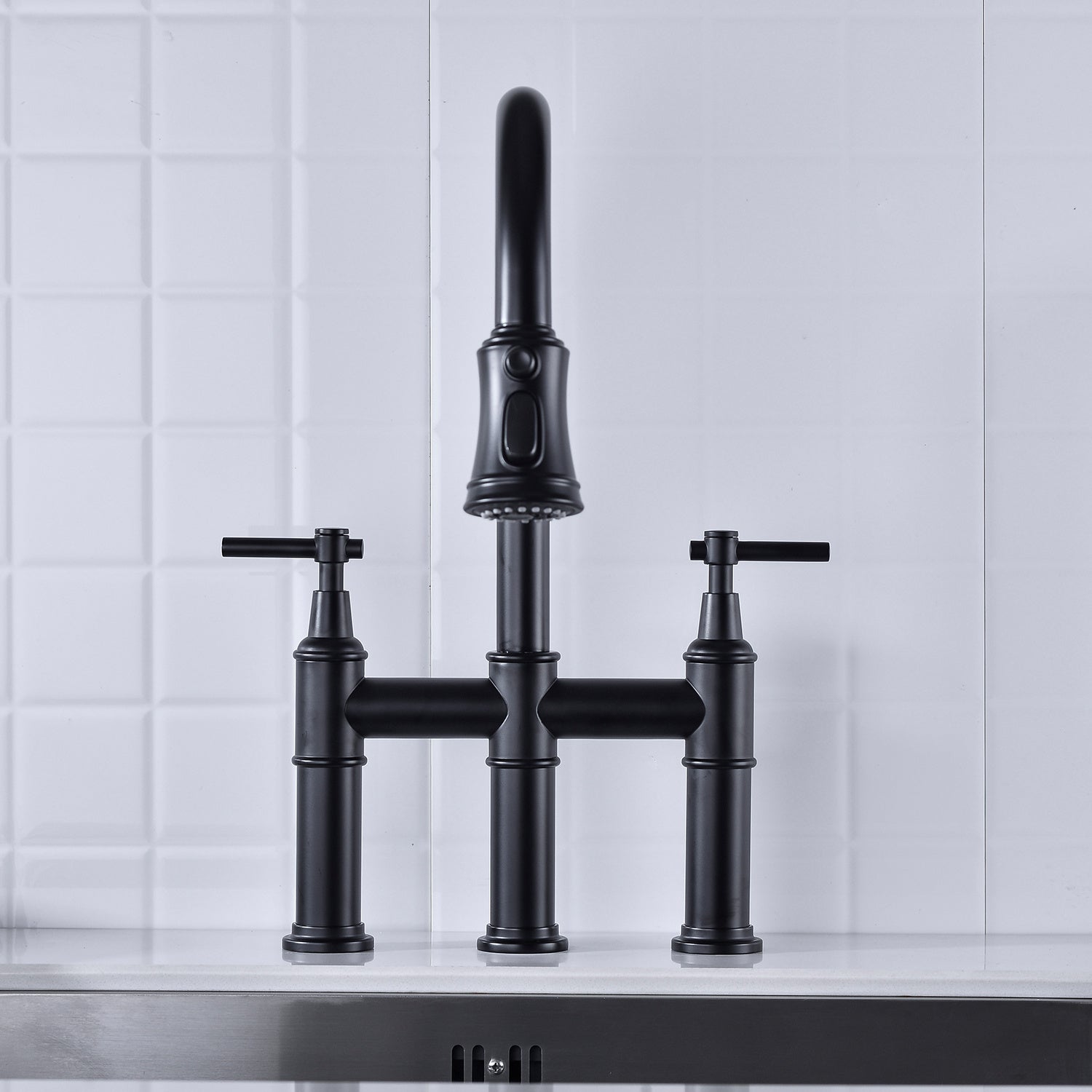 Bridge Kitchen Faucet with a Pull-down Sprayhead