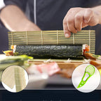 Person using a bamboo sushi rolling mat with close-up insets of the mat and a brush.