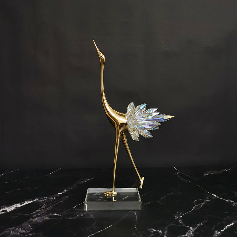 Gold Crane Bird Statues with Crystal Tail