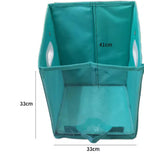 Teal storage bin with dimensions labeled on a white background