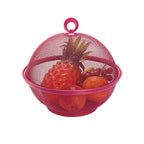Pink mesh fruit bowl with fruits inside on a white background
