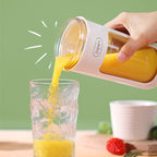 Hand pouring yellow juice from a Zhenmi container into a glass against a green background