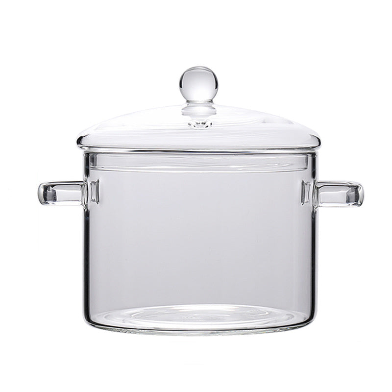 Clear glass pot with lid and dimensions on a white background