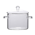 Clear glass pot with lid and dimensions on a white background