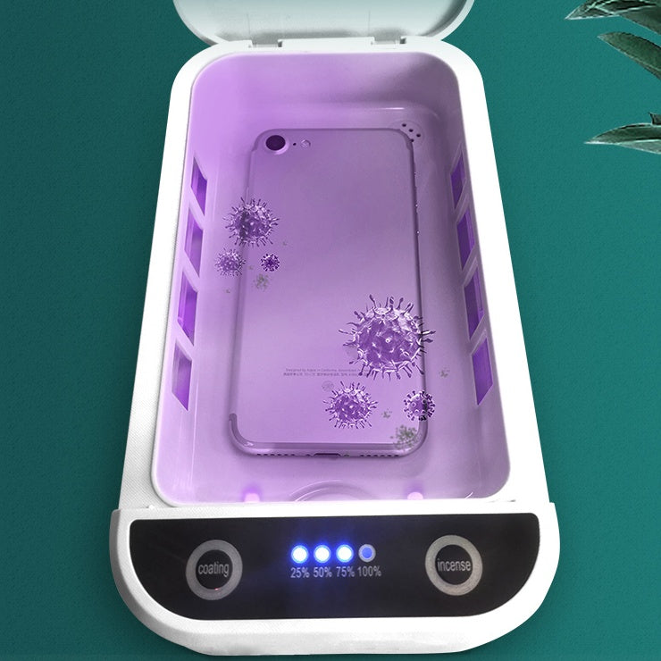 Phone with a purple case in a disinfection chamber on a teal background