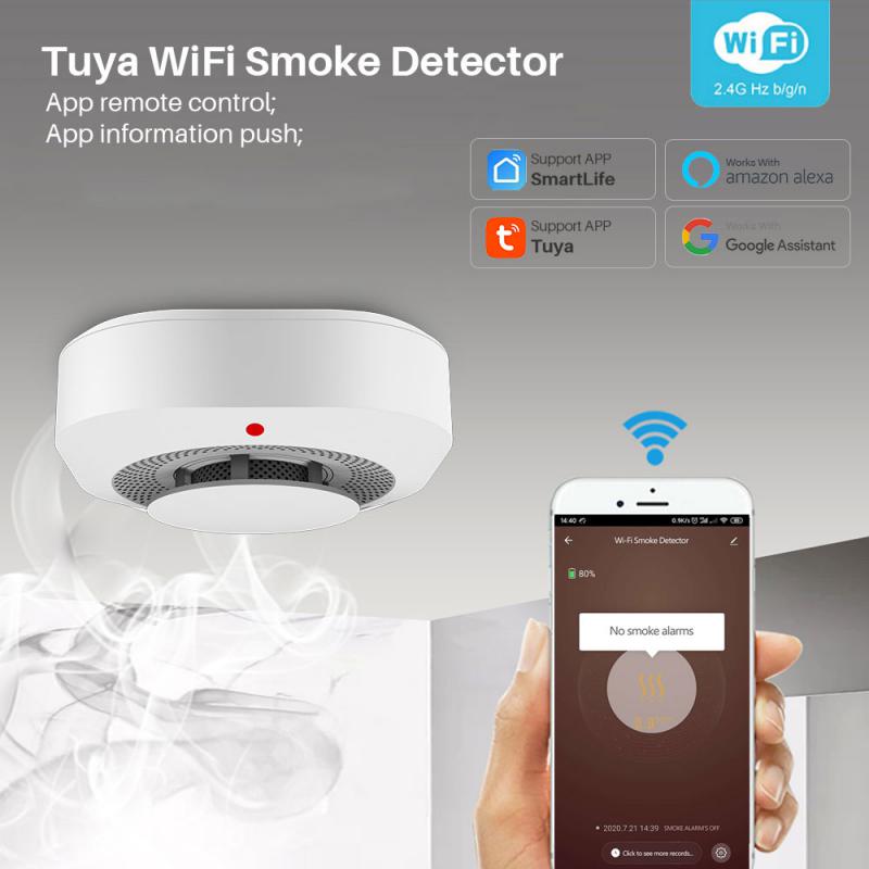 Tuya WiFi Smoke Detector with smartphone app interface on a gray background
