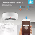 Tuya WiFi Smoke Detector with smartphone app interface on a gray background
