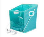 Teal laundry basket with white handles and brackets on a white background