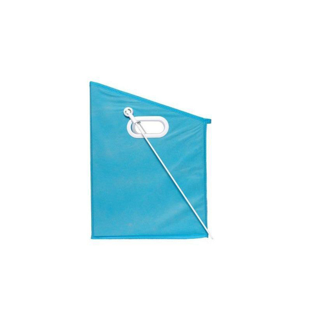 Blue kite with a white string on a white background