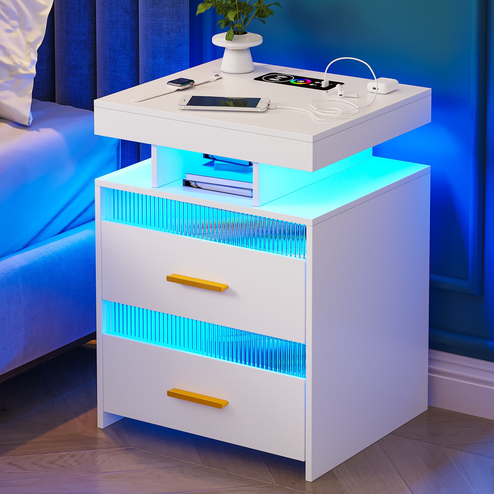 Modern Bedside Table with a Charging Station and LED Lighting