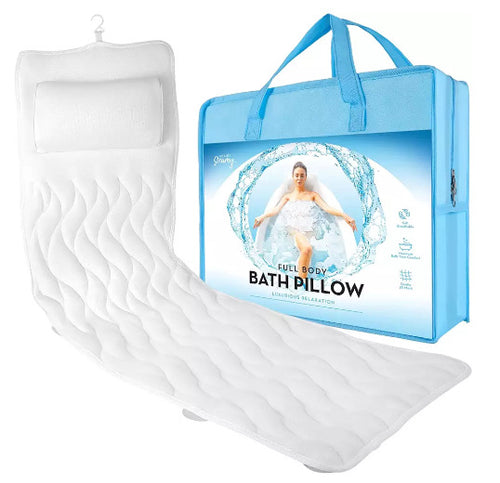 White bath pillow with blue packaging featuring a woman in a bathtub.