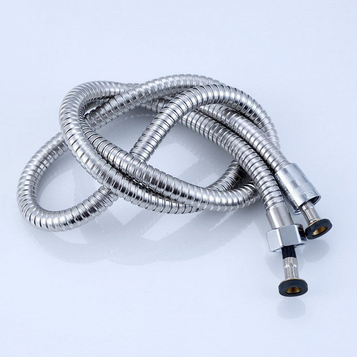 Metallic flexible hose with connectors on a light gray background