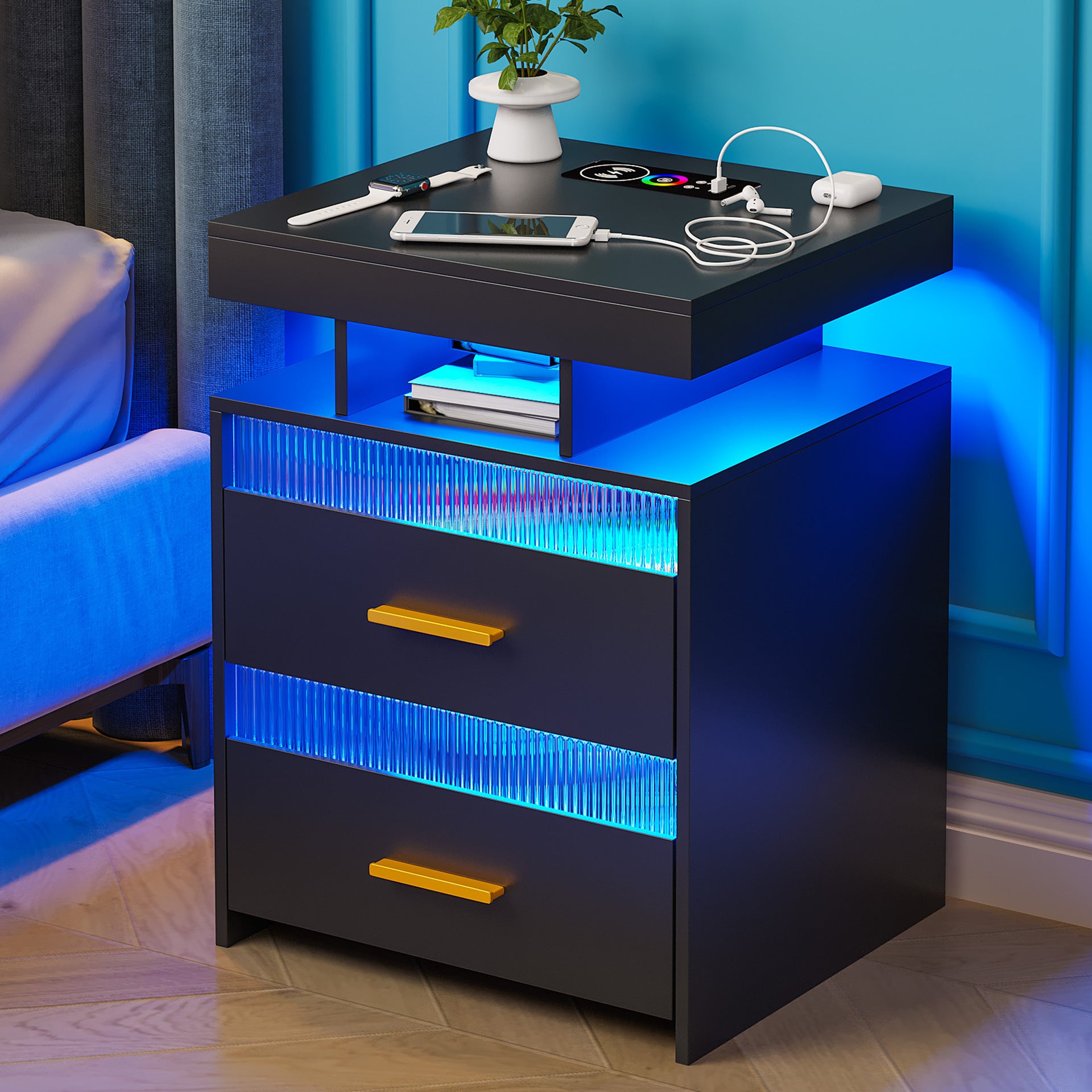 Modern Bedside Table with a Charging Station and LED Lighting