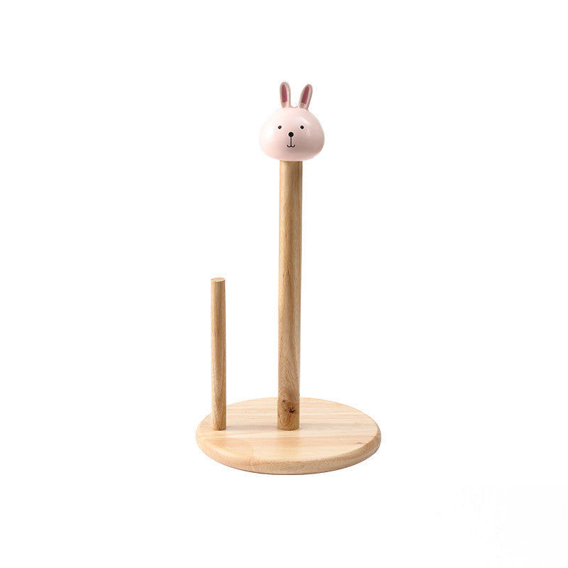 Wooden paper towel holder with a rabbit design on a white background
