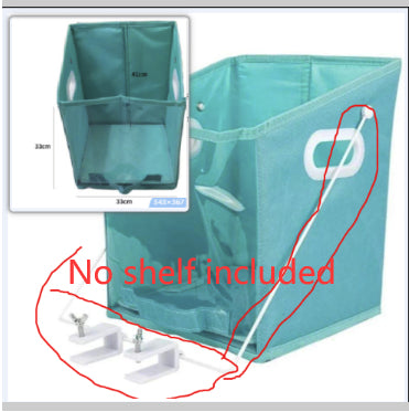 Teal storage bin with a shelf attachment and dimensions displayed.