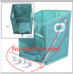 Teal storage bin with a shelf attachment and dimensions displayed.