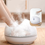 Person using a white foot spa with steam, inset showing water being added.