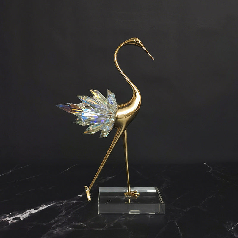 Gold Crane Bird Statues with Crystal Tail