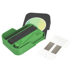 Green magnetic clip set with black clips and a white card on a white background