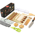 Sushi-making kit with various tools and a black box on a white background