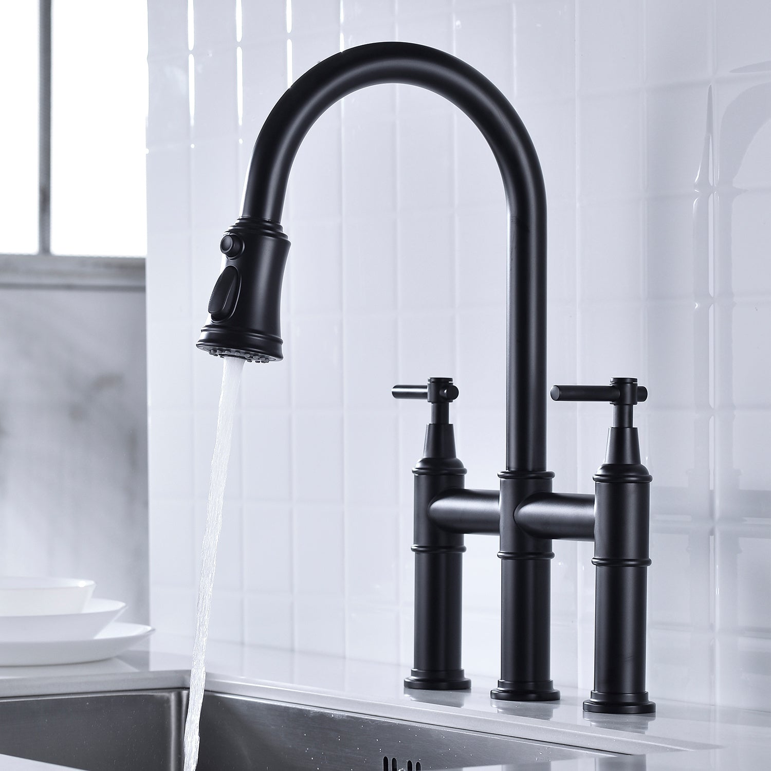 Bridge Kitchen Faucet with a Pull-down Sprayhead