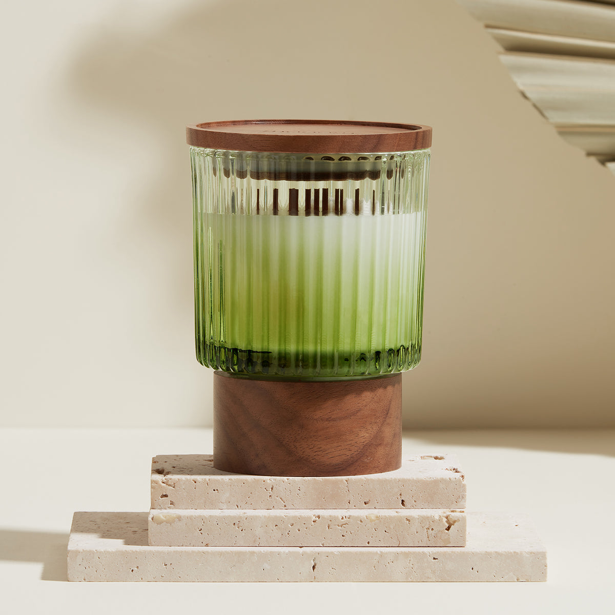 Ridged Glass Candle with a Wooden Lid
