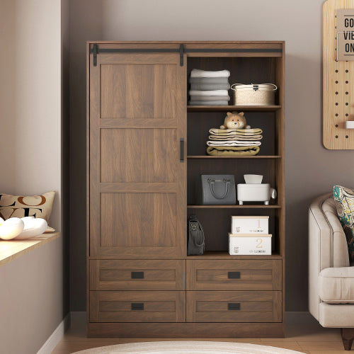 Wood Color Tall Bedroom Armoire Wardrobe Closet Clothing Storage Cabinet