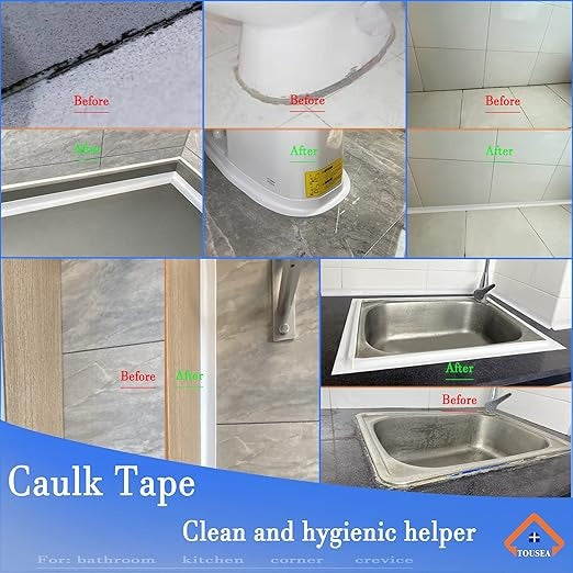 Collage of caulking before and after images with TOSECA branding.