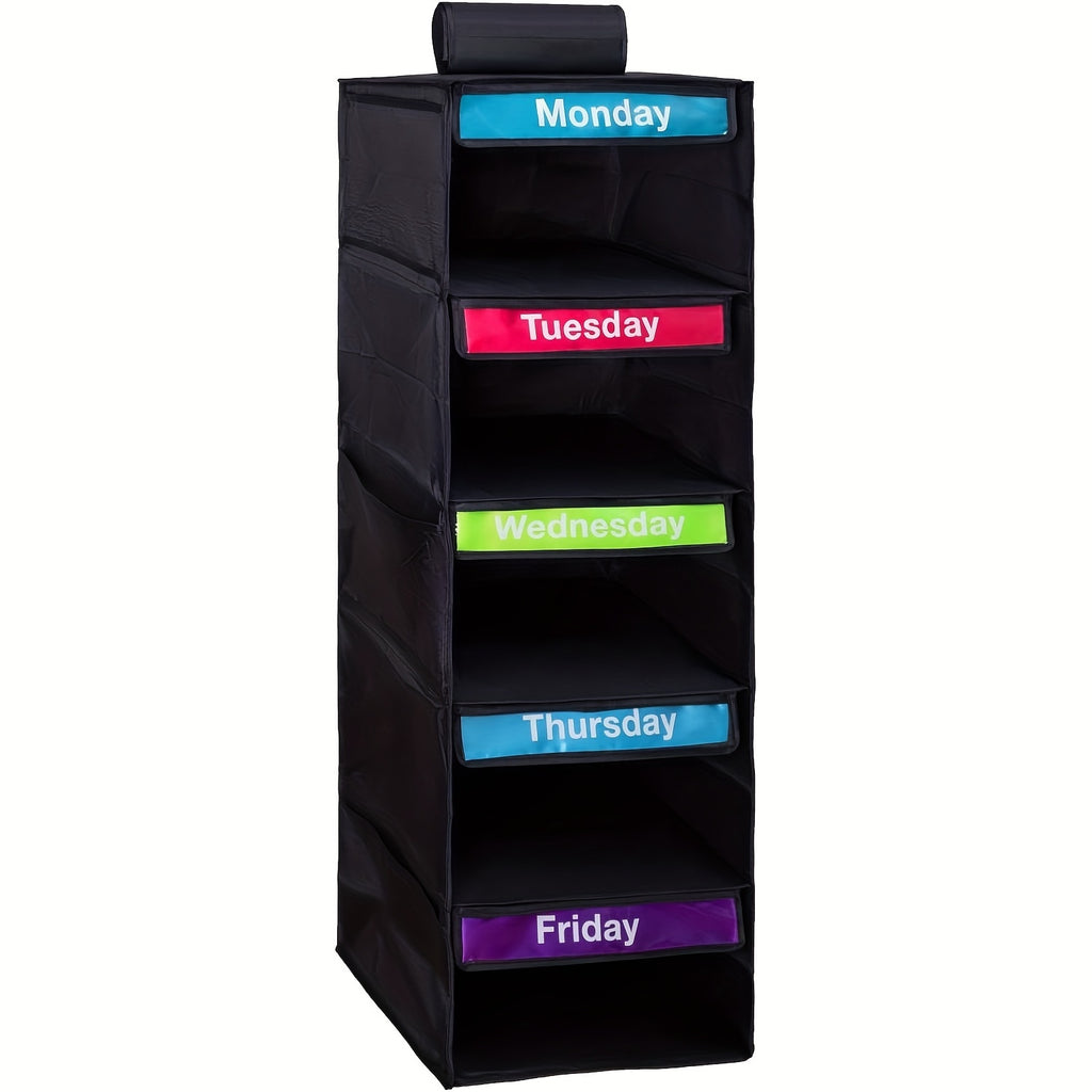 Black organizer with labeled shelves for each day of the week on a white background