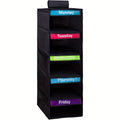 Black organizer with labeled shelves for each day of the week on a white background