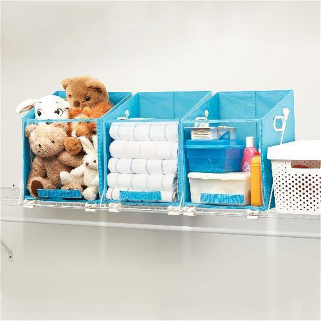 Blue storage organizer with stuffed animals and toiletries on a white surface