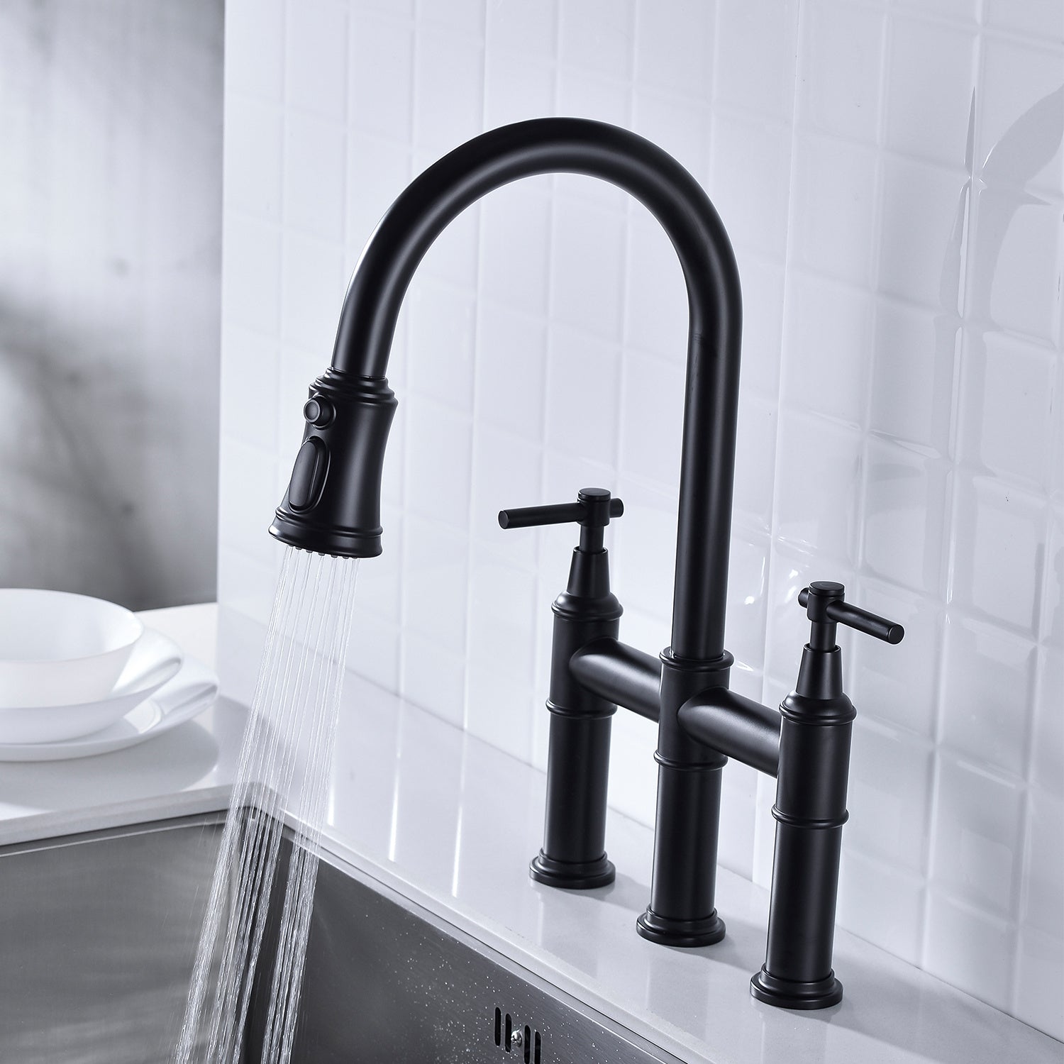 Bridge Kitchen Faucet with a Pull-down Sprayhead