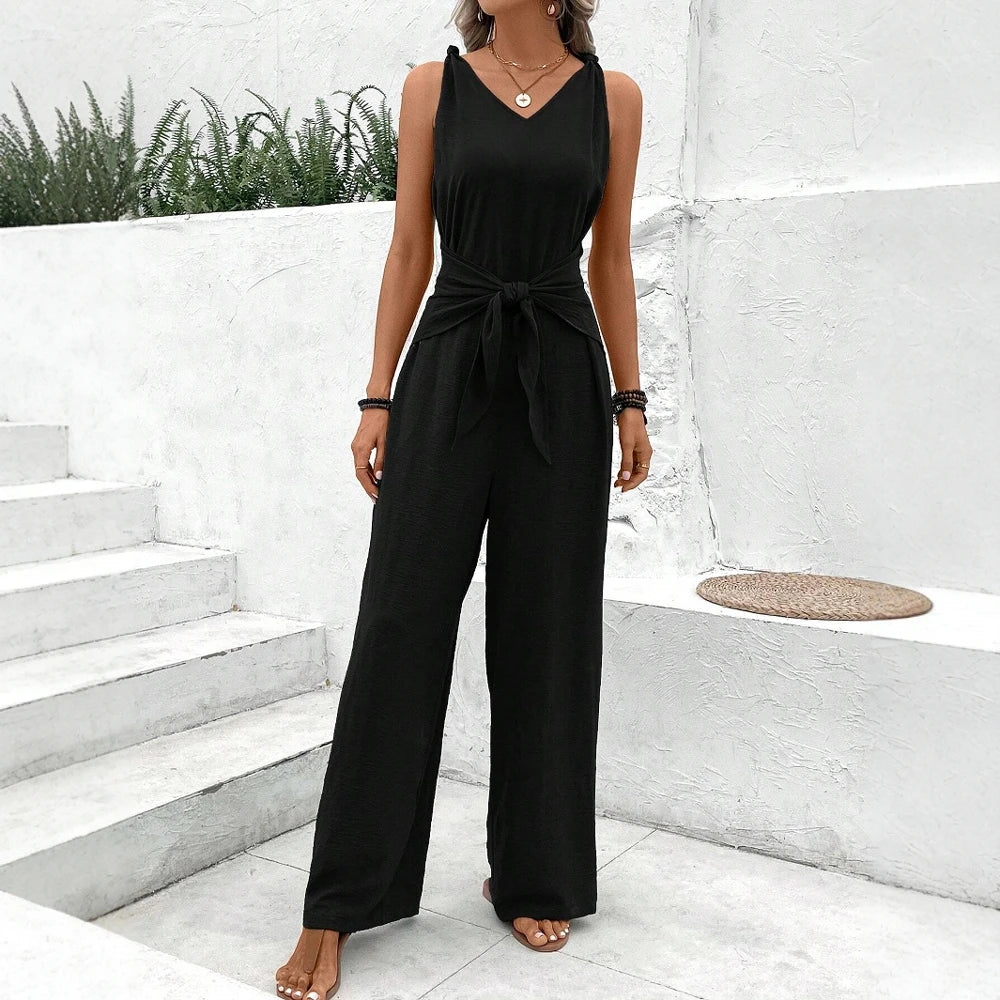 Serelina – Vrouwelijke Jumpsuit met V-Hals en Strikdetail