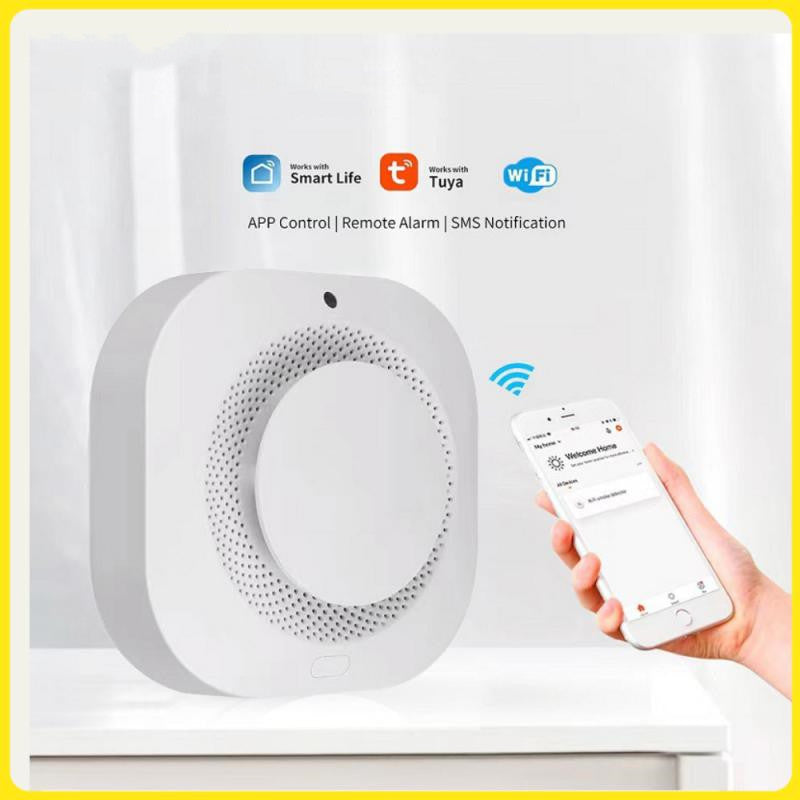 Smart home device with connectivity icons and a hand holding a smartphone.