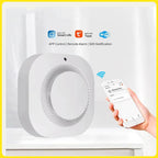 Smart home device with connectivity icons and a hand holding a smartphone.