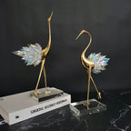 Gold Crane Bird Statues with Crystal Tail