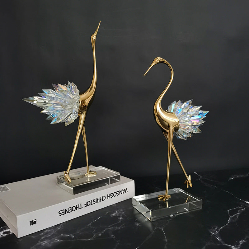 Gold Crane Bird Statues with Crystal Tail
