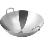 Stainless steel wok on a white background
