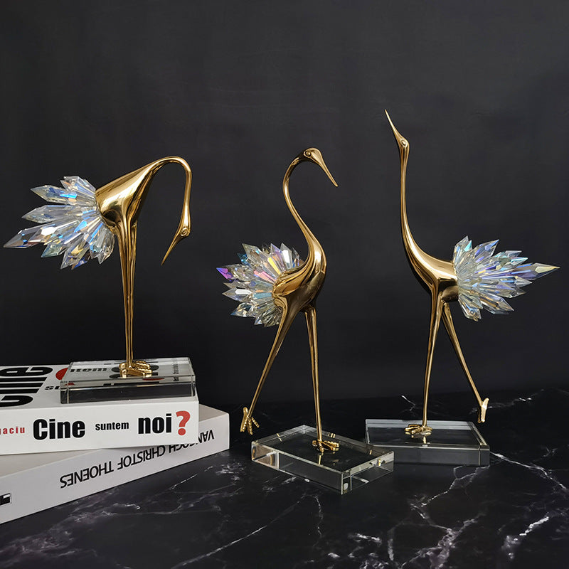 Gold Crane Bird Statues with Crystal Tail