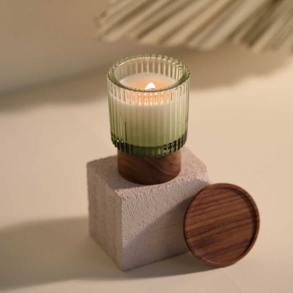Ridged Glass Candle with a Wooden Lid