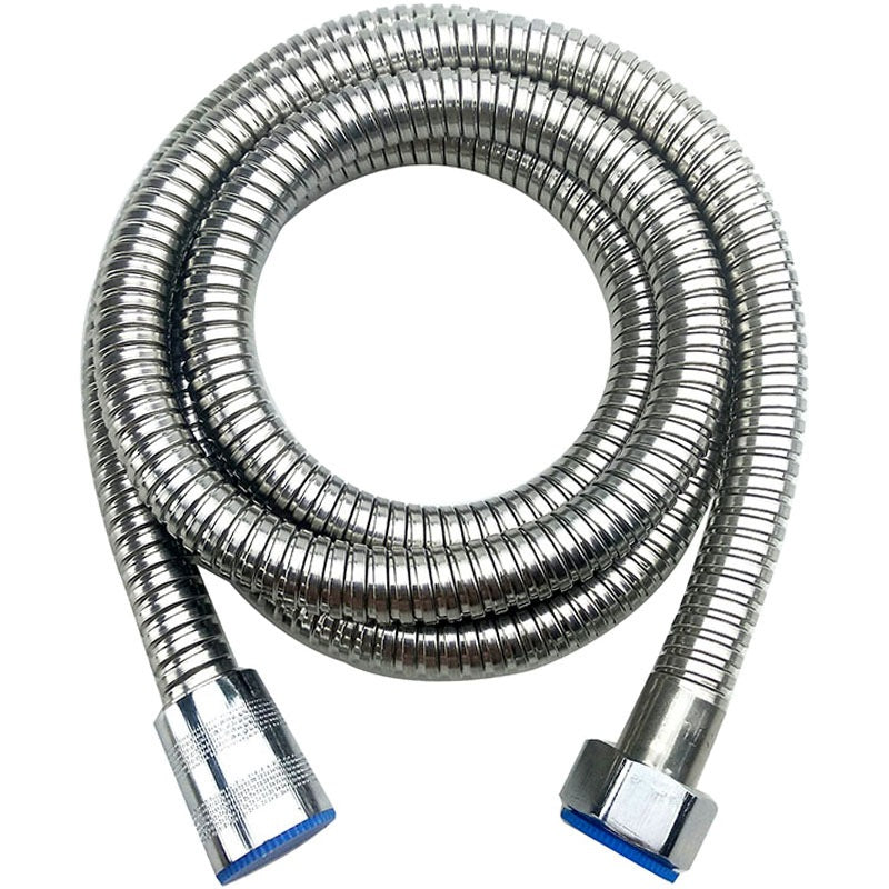 Chrome flexible hose with connectors on a white background