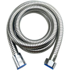 Chrome flexible hose with connectors on a white background