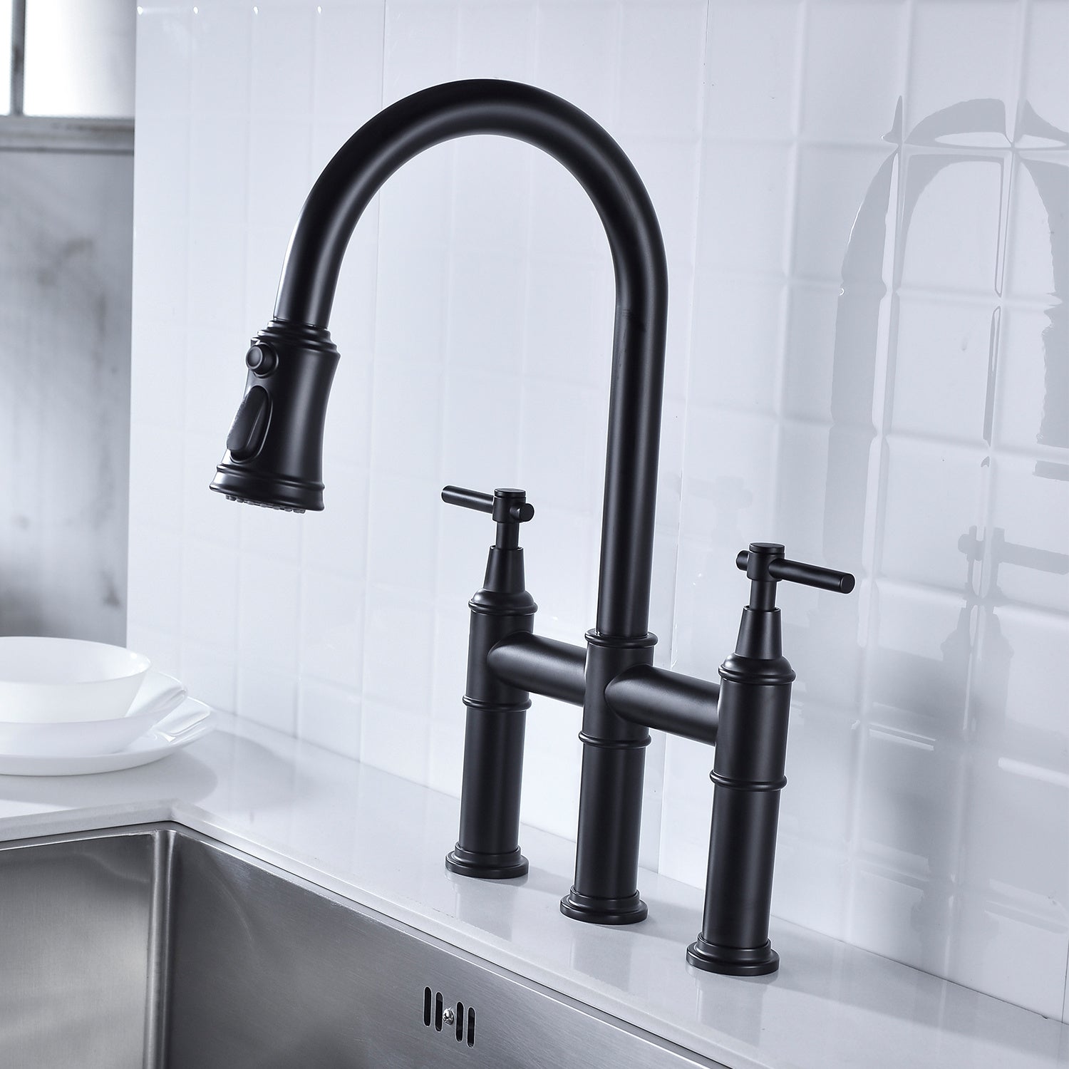 Bridge Kitchen Faucet with a Pull-down Sprayhead