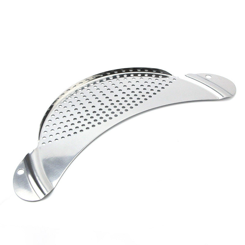 Metallic kitchen tool with perforated design on a white background