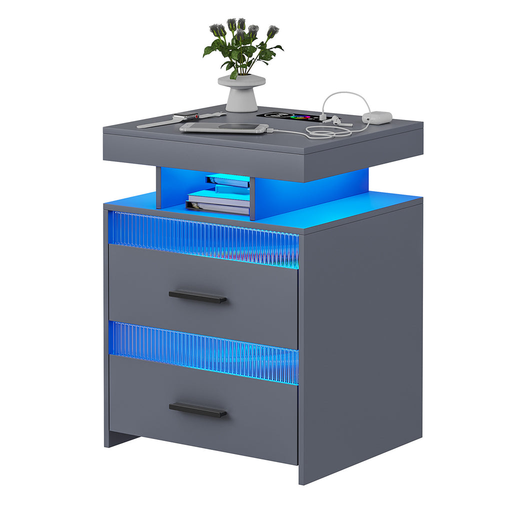 Modern Bedside Table with a Charging Station and LED Lighting