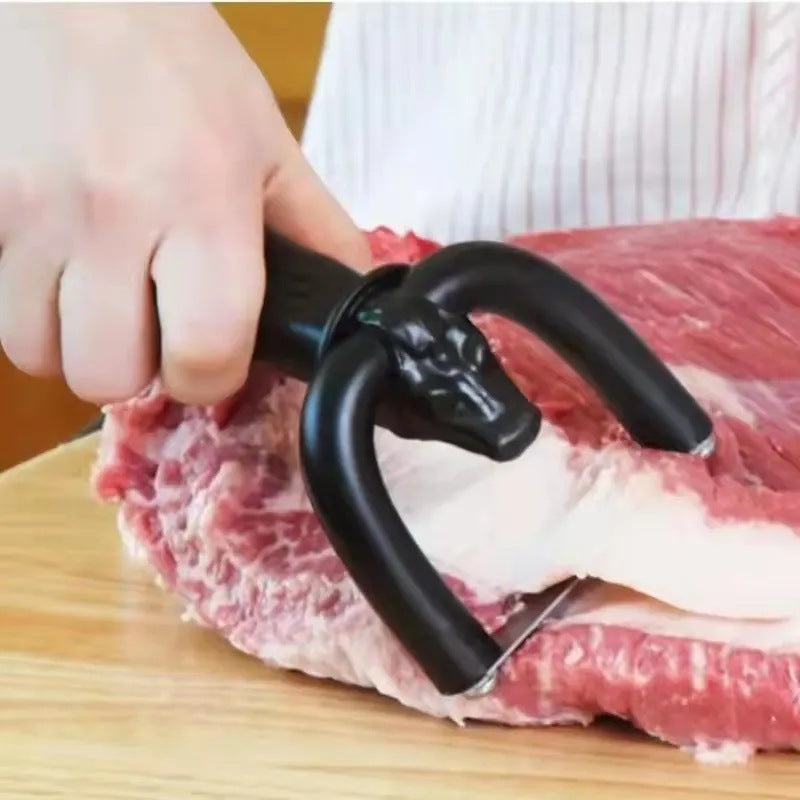 Person using a meat tenderizer on raw meat with a black handle.