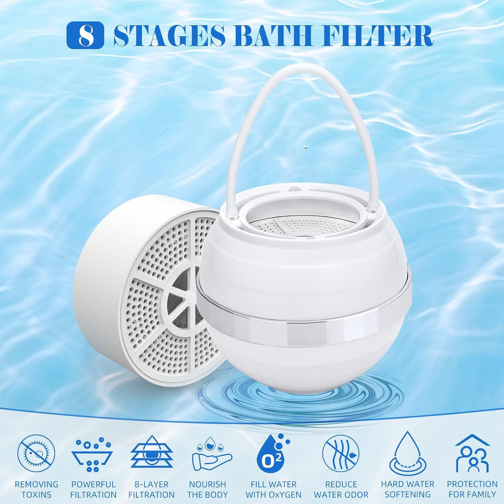 8-stage bath filter with water background and features listed below.