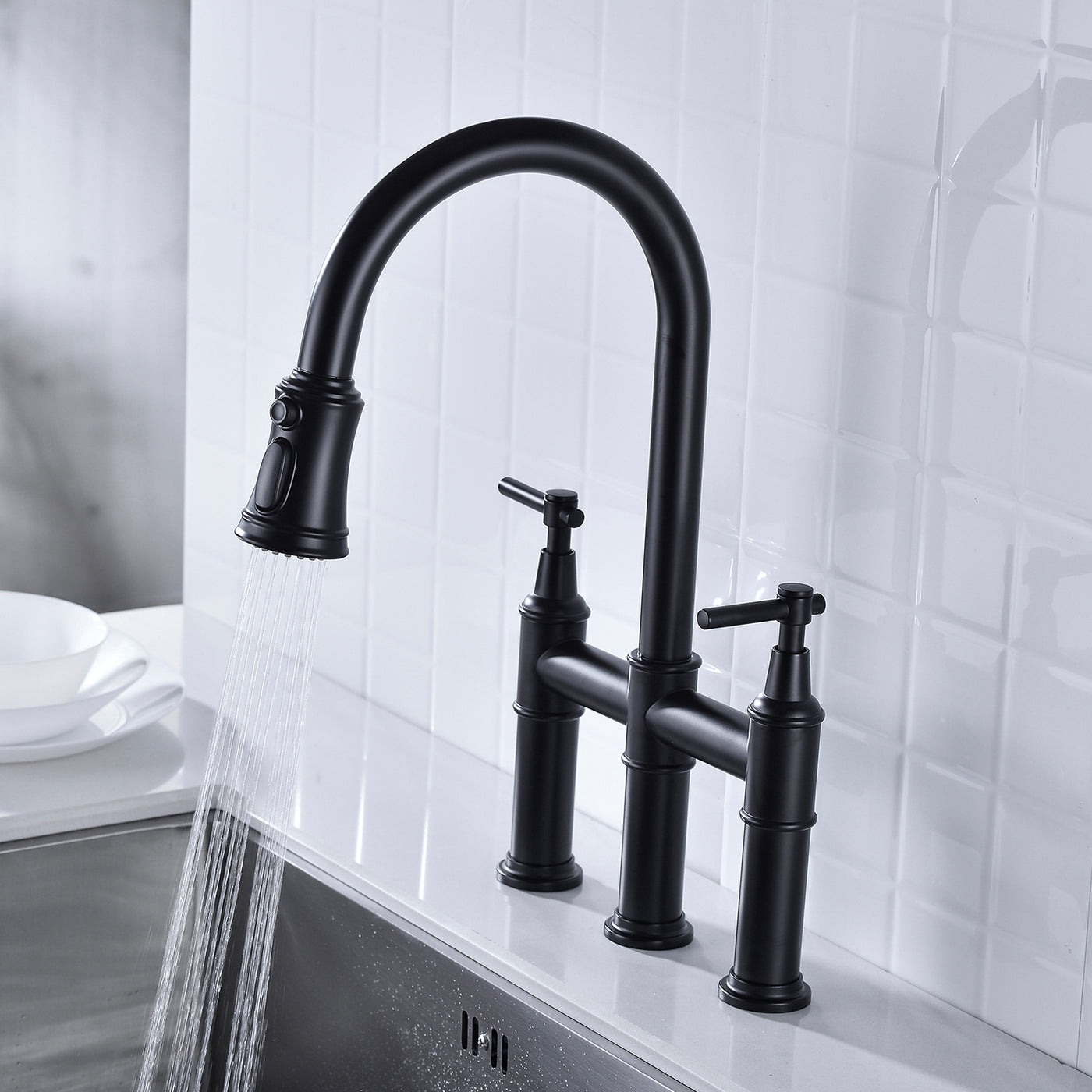 Pull Down Dual Handle Kitchen Faucet