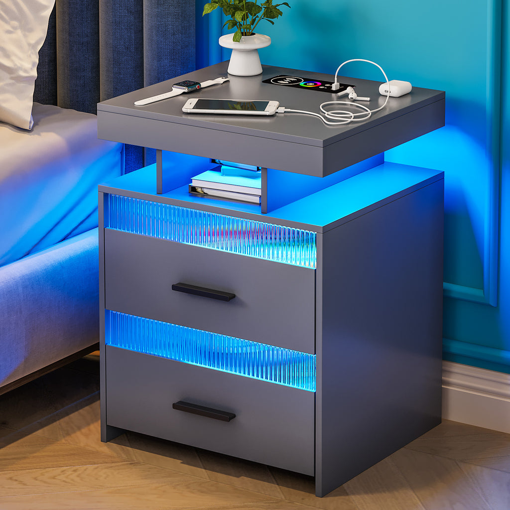Modern Bedside Table with a Charging Station and LED Lighting