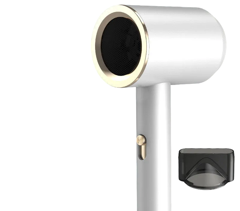 White hair dryer with gold accents on a white background